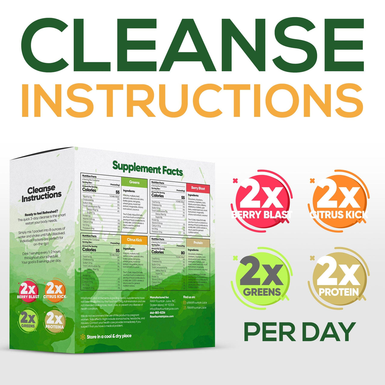 3-Day Cleanse Instructions with Berry Blast, Citrus Kick, Greens, and Protein
