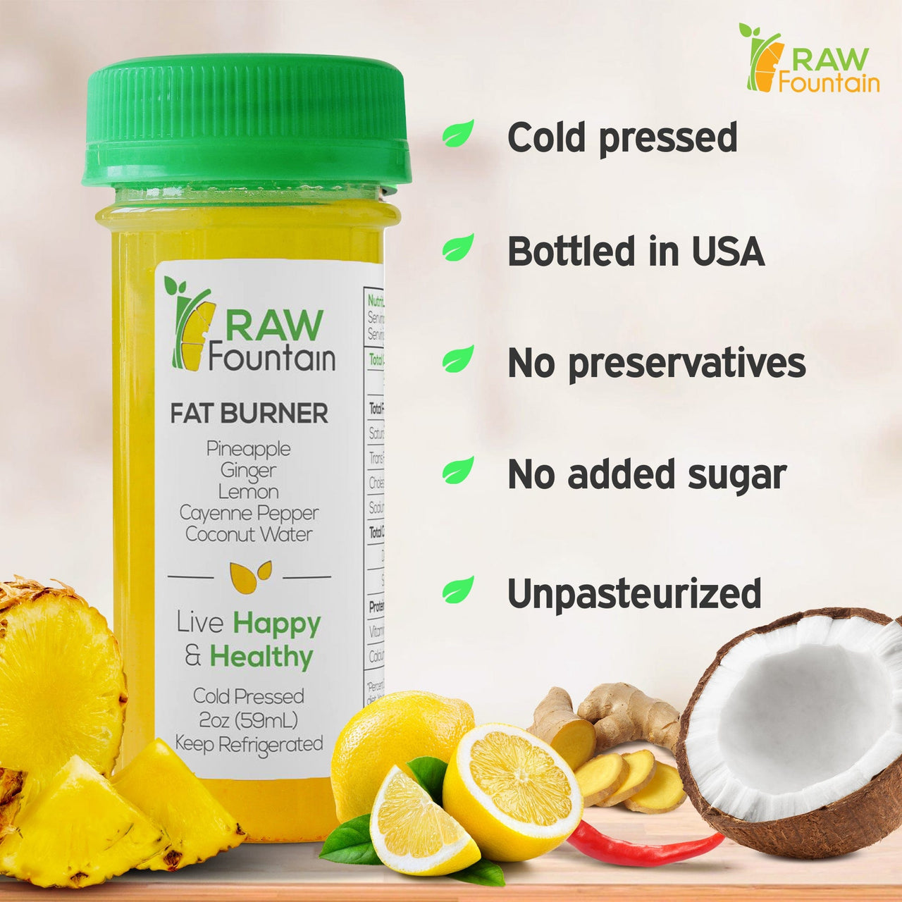 Bottle of yellow juice with fruit and ingredients.