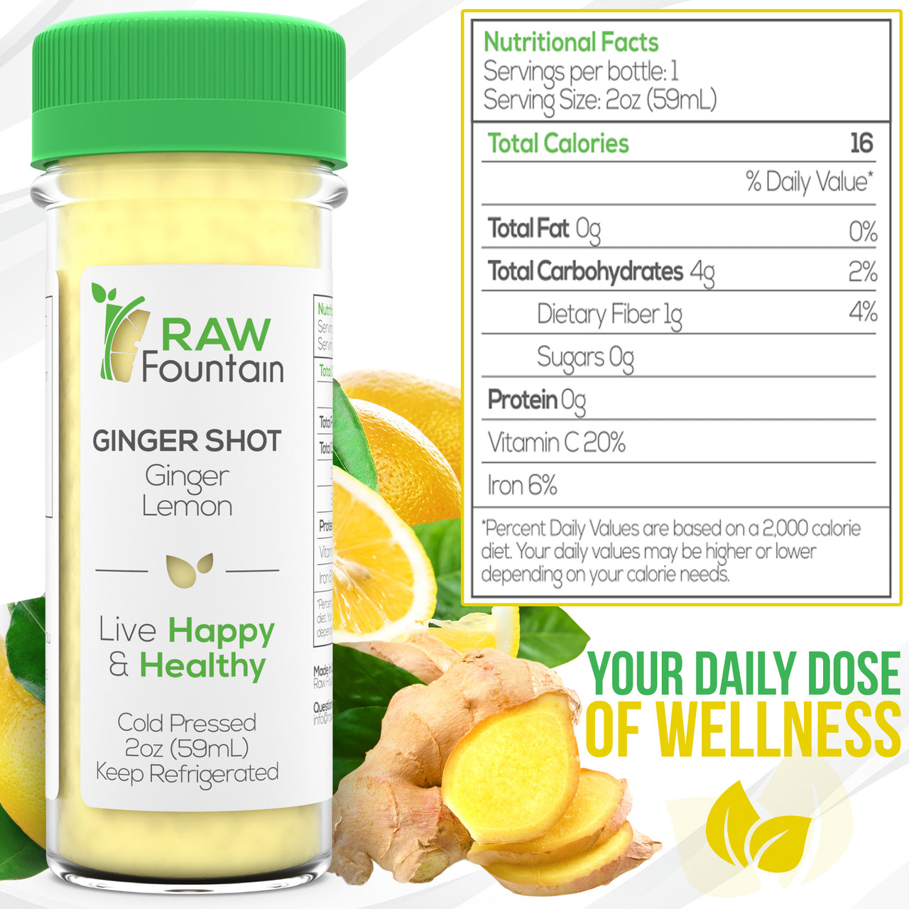 20 Ginger Shots w/ Lemon 2fl Oz, Raw and Cold Pressed, Boosts Immunity